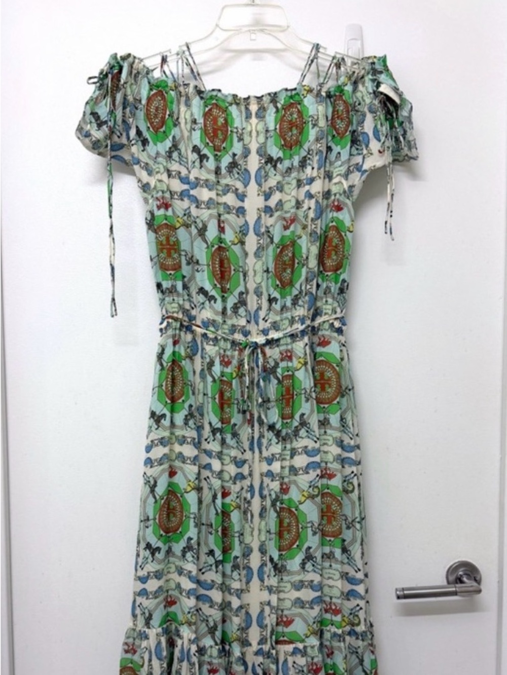 Tory Burch Green Cream silk carousel logo Dress 14 $698